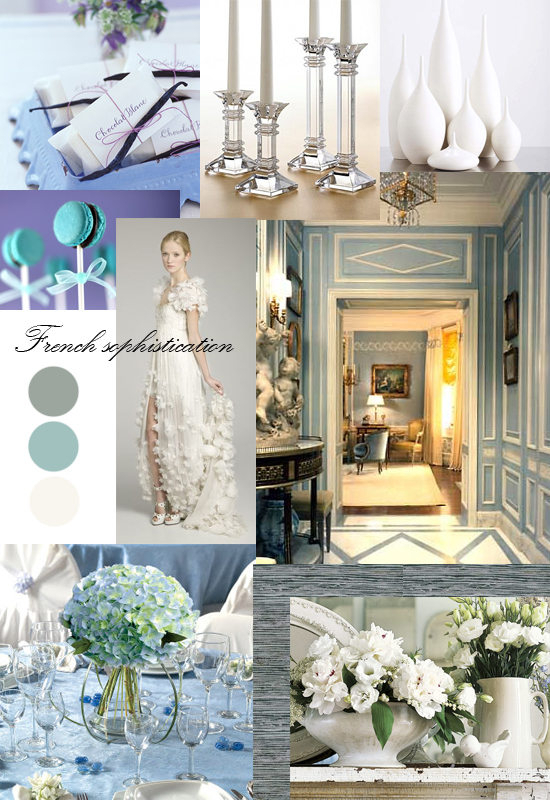 Here's my inspiration board for a sophisticated Frenchinfluenced wedding