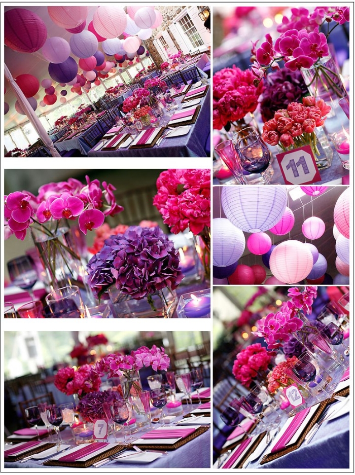 hot pink and purple wedding Purple linens Chiavari chairs