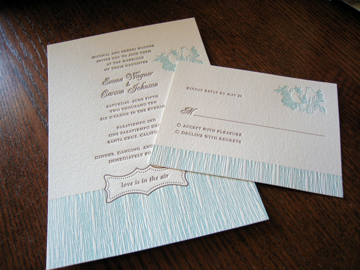 blue bird theme letterpress wedding invitation