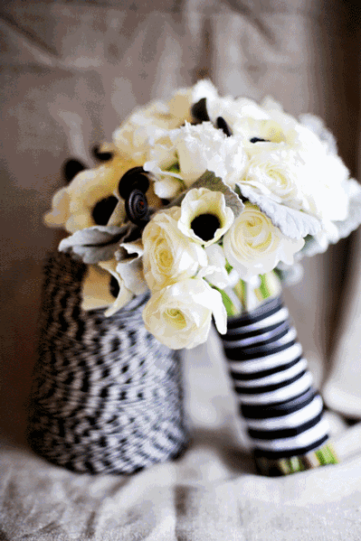 Consider a graphic bouquet with white anemones and black and white striped
