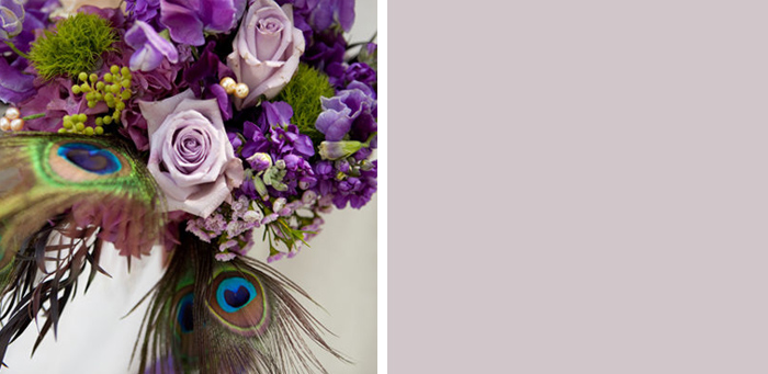 purple and peacock feather wedding bouquet