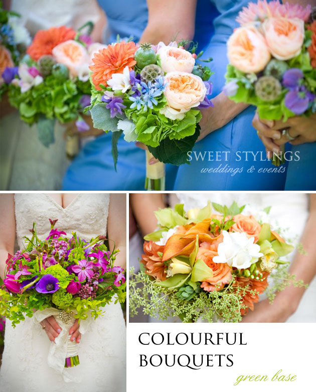 colorful bouquets green wedding